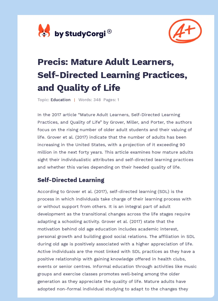 Precis: Mature Adult Learners, Self-Directed Learning Practices, and Quality of Life. Page 1