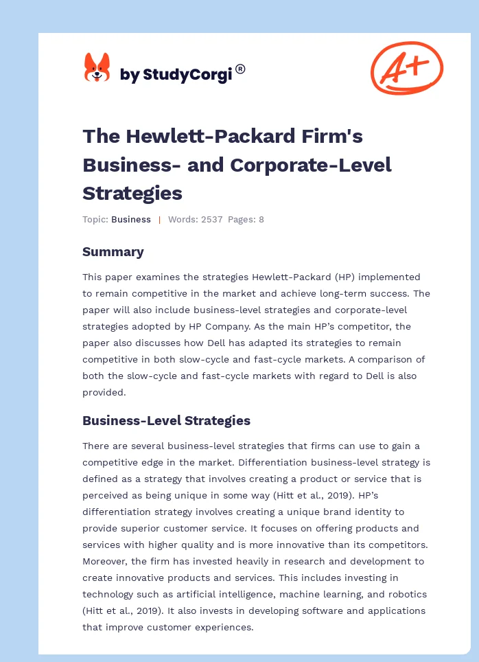 The Hewlett-Packard Firm's Business- and Corporate-Level Strategies. Page 1