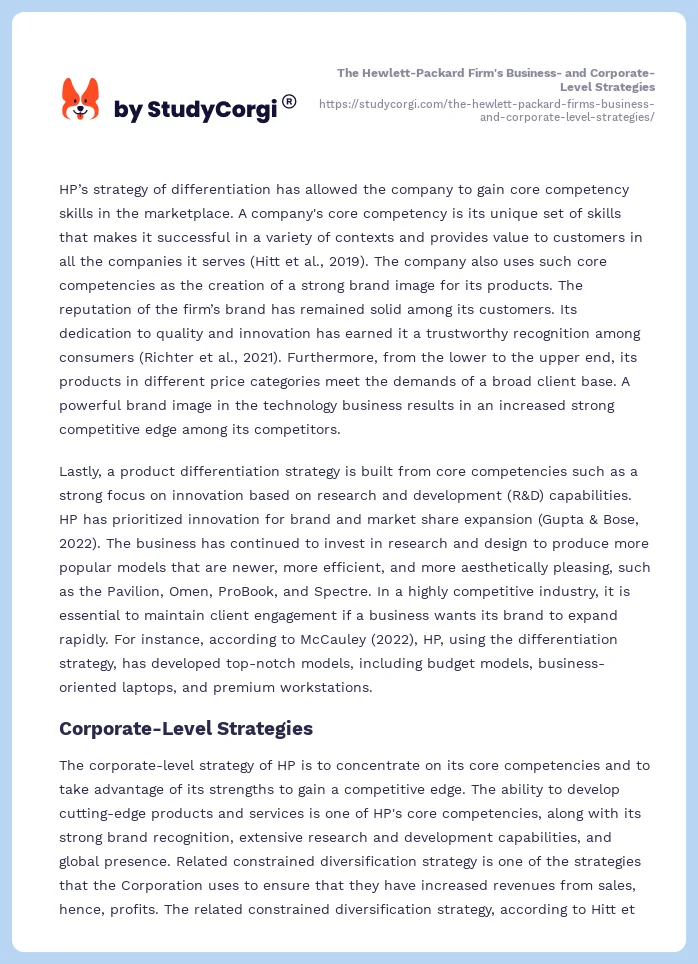 The Hewlett-Packard Firm's Business- and Corporate-Level Strategies. Page 2