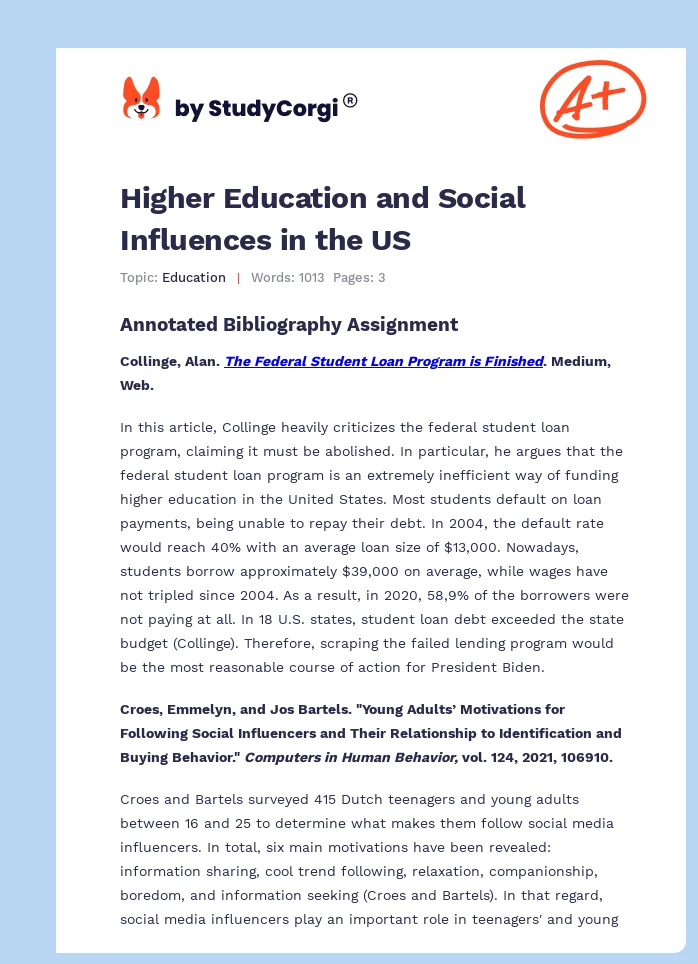 Higher Education and Social Influences in the US. Page 1