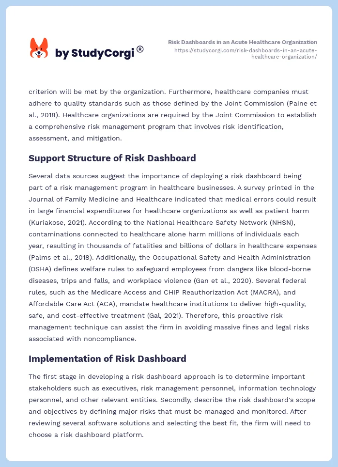 Risk Dashboards in an Acute Healthcare Organization. Page 2