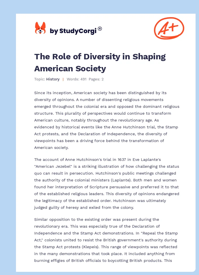 The Role of Diversity in Shaping American Society. Page 1