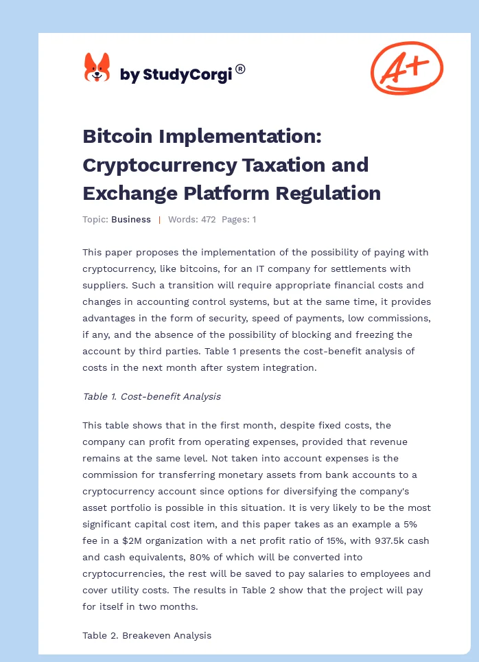 Bitcoin Implementation: Cryptocurrency Taxation and Exchange Platform Regulation. Page 1