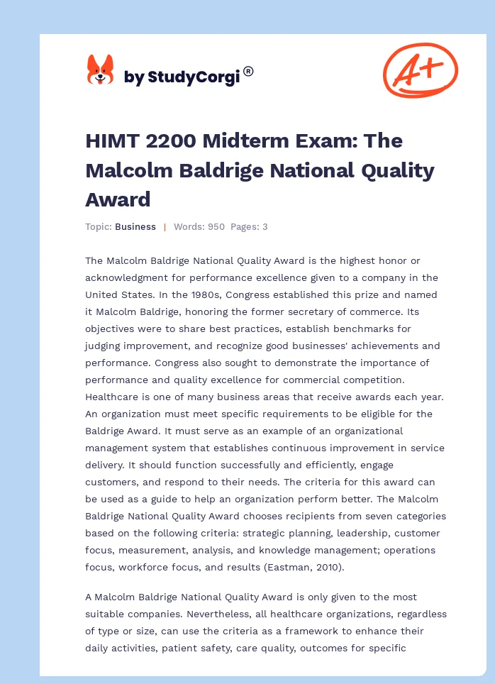 HIMT 2200 Midterm Exam: The Malcolm Baldrige National Quality Award. Page 1