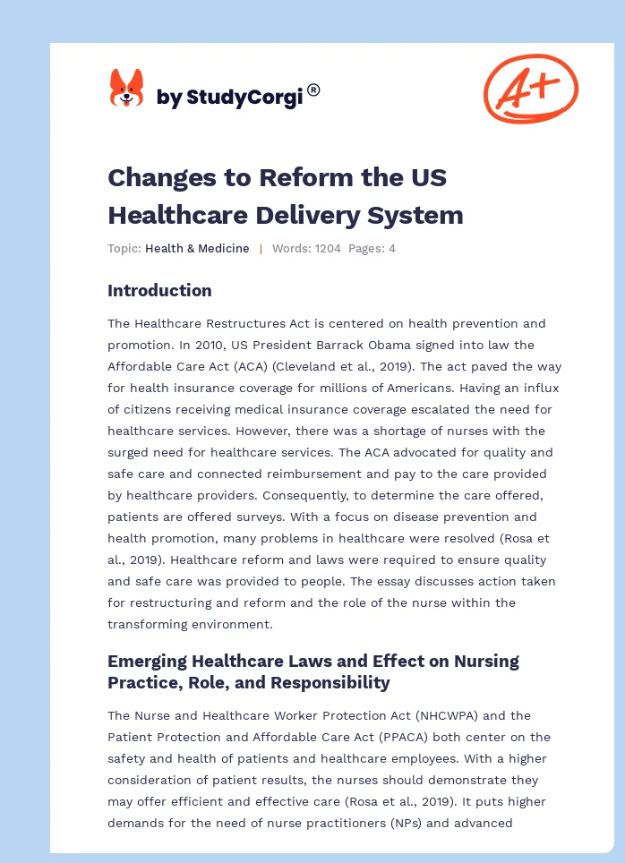 Changes to Reform the US Healthcare Delivery System. Page 1