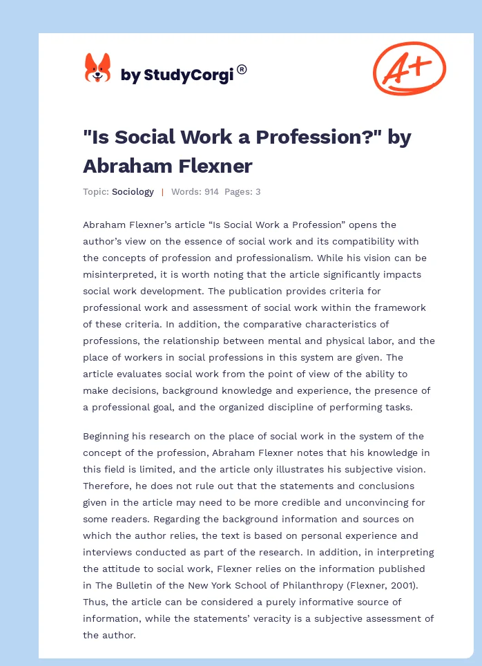 "Is Social Work a Profession?" by Abraham Flexner. Page 1
