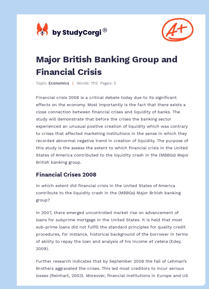 Major British Banking Group and Financial Crisis. Page 1