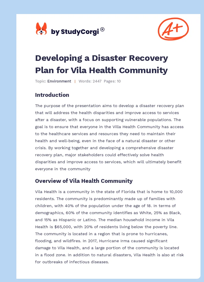Developing a Disaster Recovery Plan for Vila Health Community. Page 1