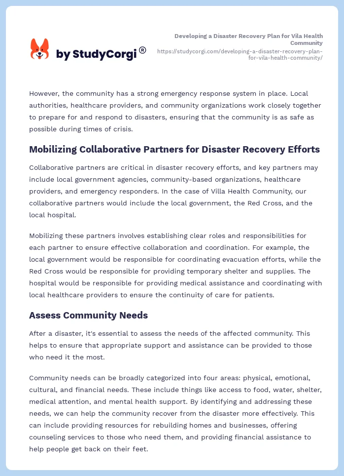 Developing a Disaster Recovery Plan for Vila Health Community. Page 2