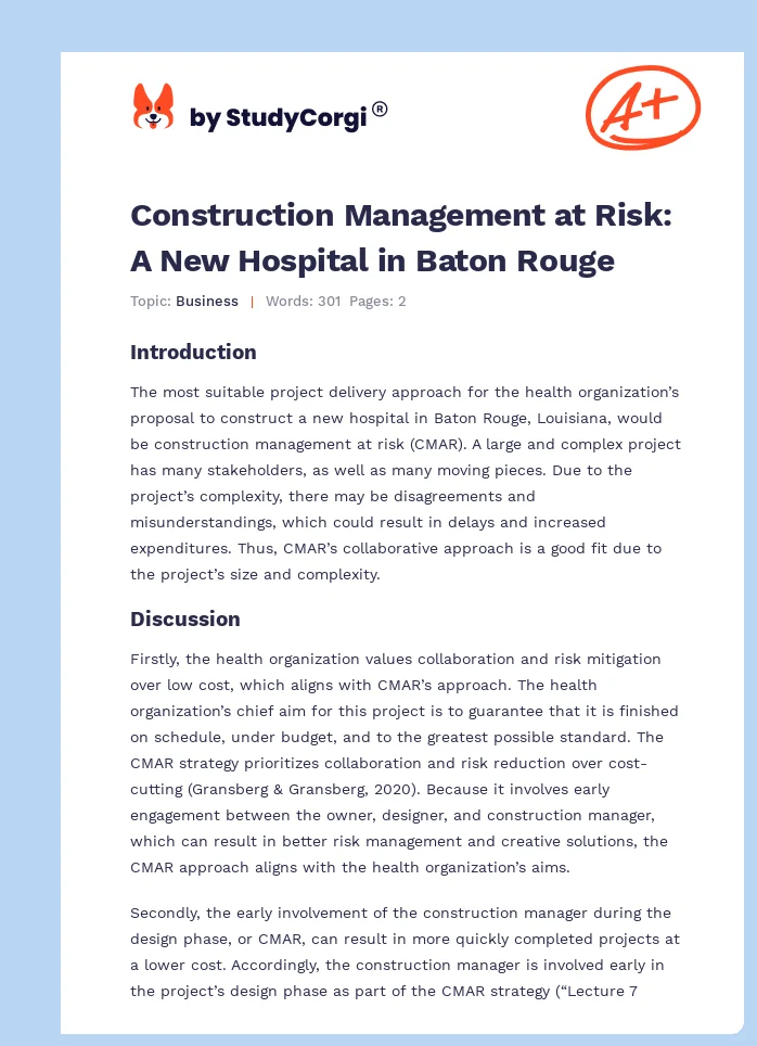 Construction Management at Risk: A New Hospital in Baton Rouge. Page 1