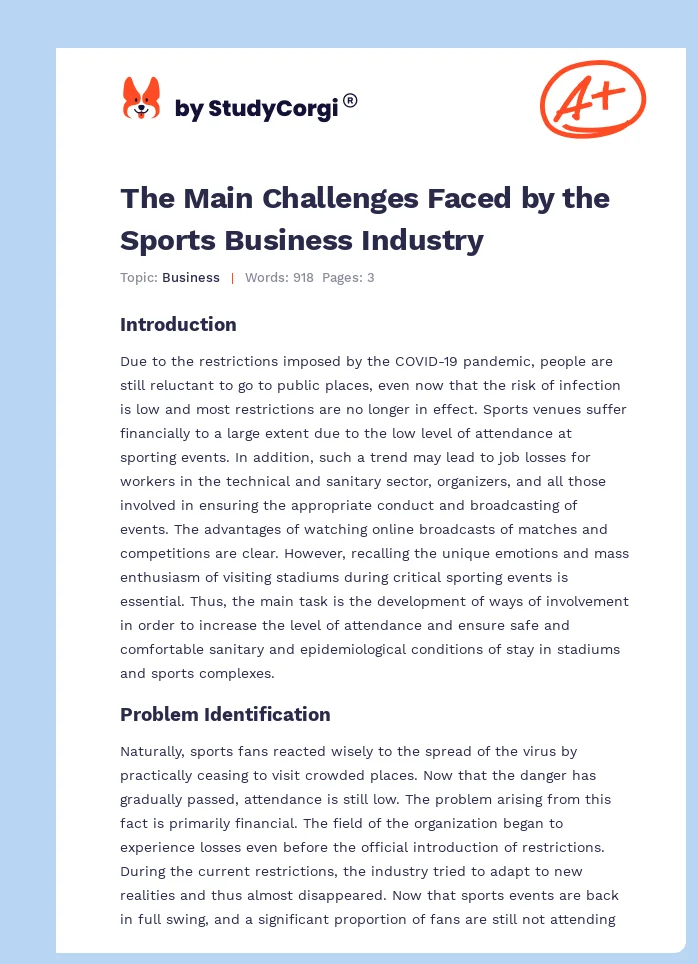 The Main Challenges Faced by the Sports Business Industry. Page 1