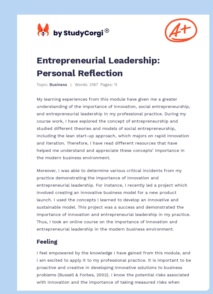 Entrepreneurial Leadership: Personal Reflection. Page 1