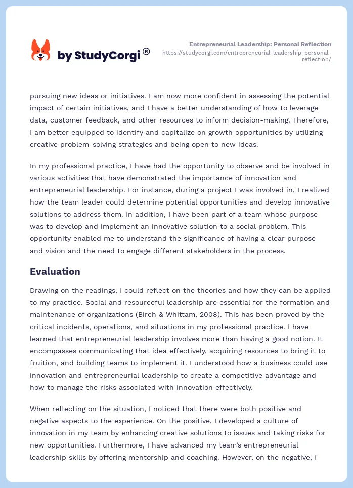 Entrepreneurial Leadership: Personal Reflection. Page 2