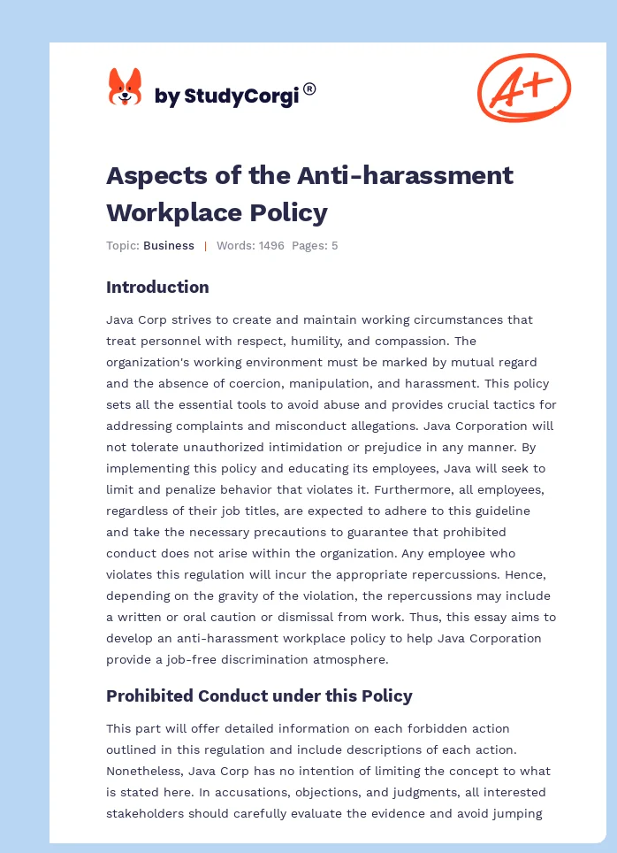Aspects of the Anti-harassment Workplace Policy. Page 1