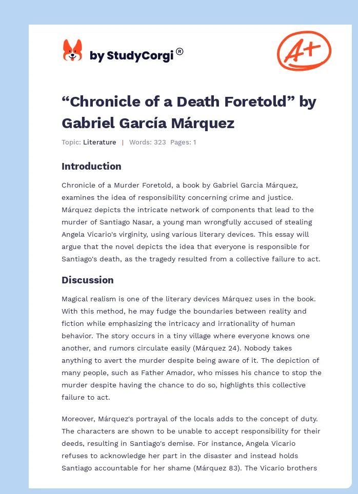 “Chronicle of a Death Foretold” by Gabriel García Márquez. Page 1