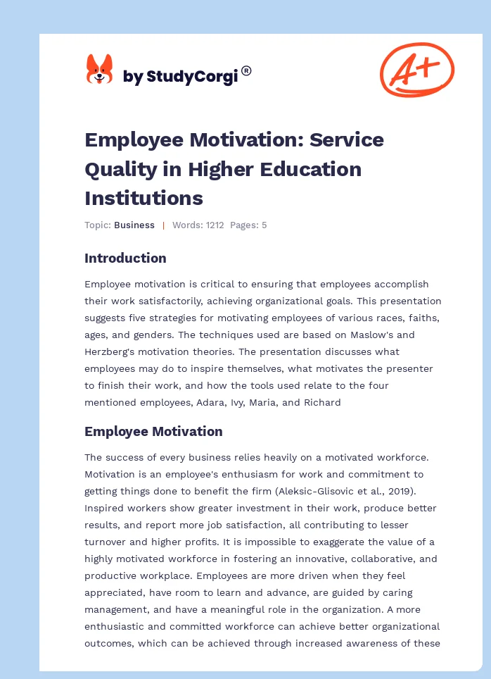 Employee Motivation: Service Quality in Higher Education Institutions. Page 1