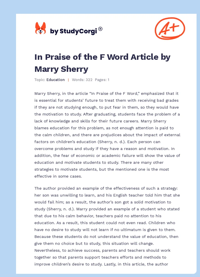 In Praise of the F Word Article by Marry Sherry. Page 1