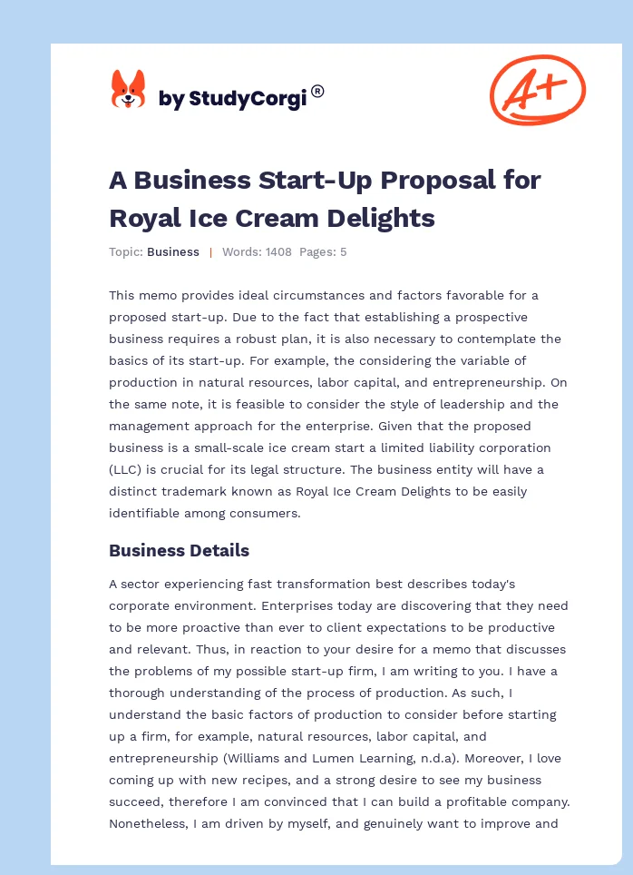 A Business Start-Up Proposal for Royal Ice Cream Delights. Page 1
