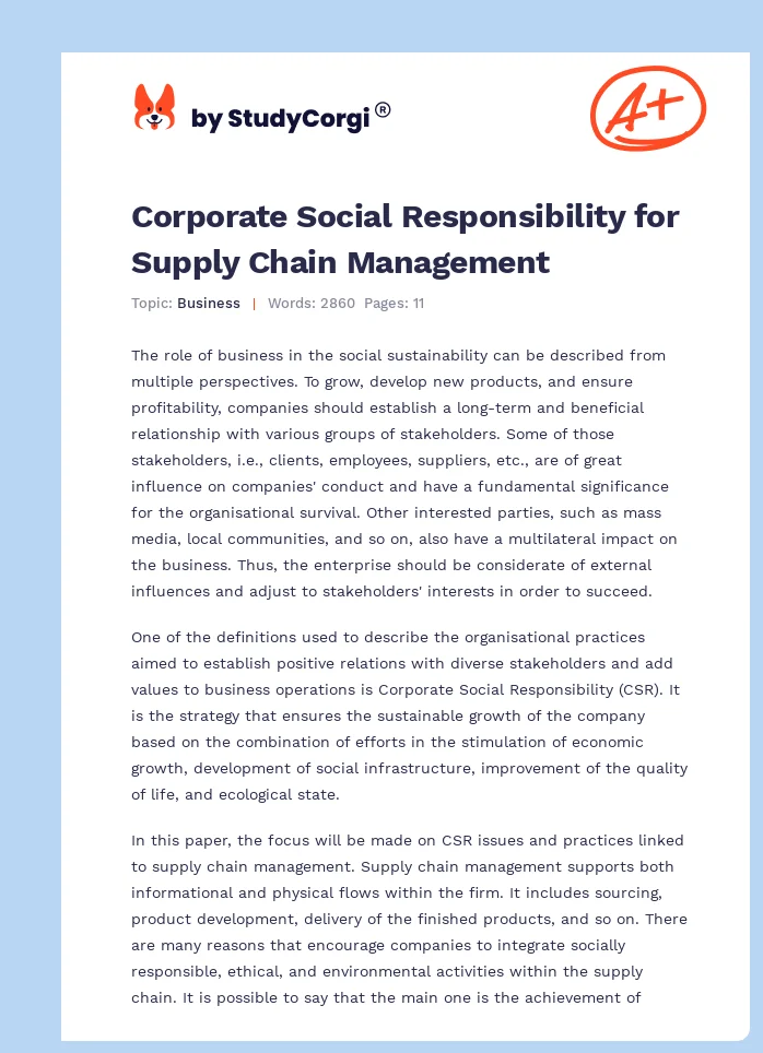 Corporate Social Responsibility for Supply Chain Management. Page 1