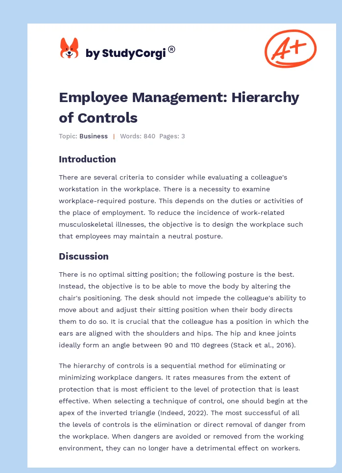 Employee Management: Hierarchy of Controls. Page 1