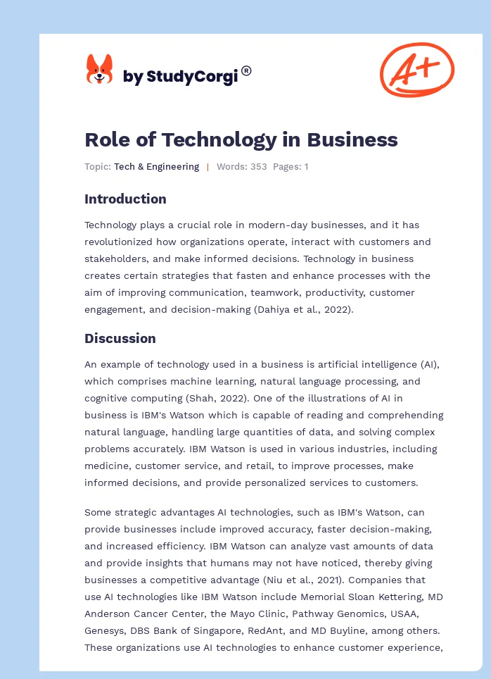 Role of Technology in Business. Page 1