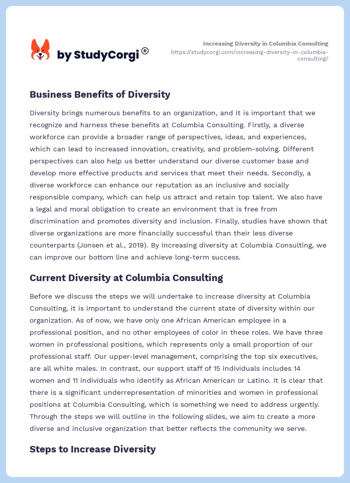 Increasing Diversity in Columbia Consulting. Page 2