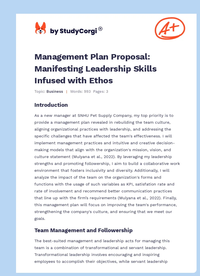 Management Plan Proposal: Manifesting Leadership Skills Infused with Ethos. Page 1