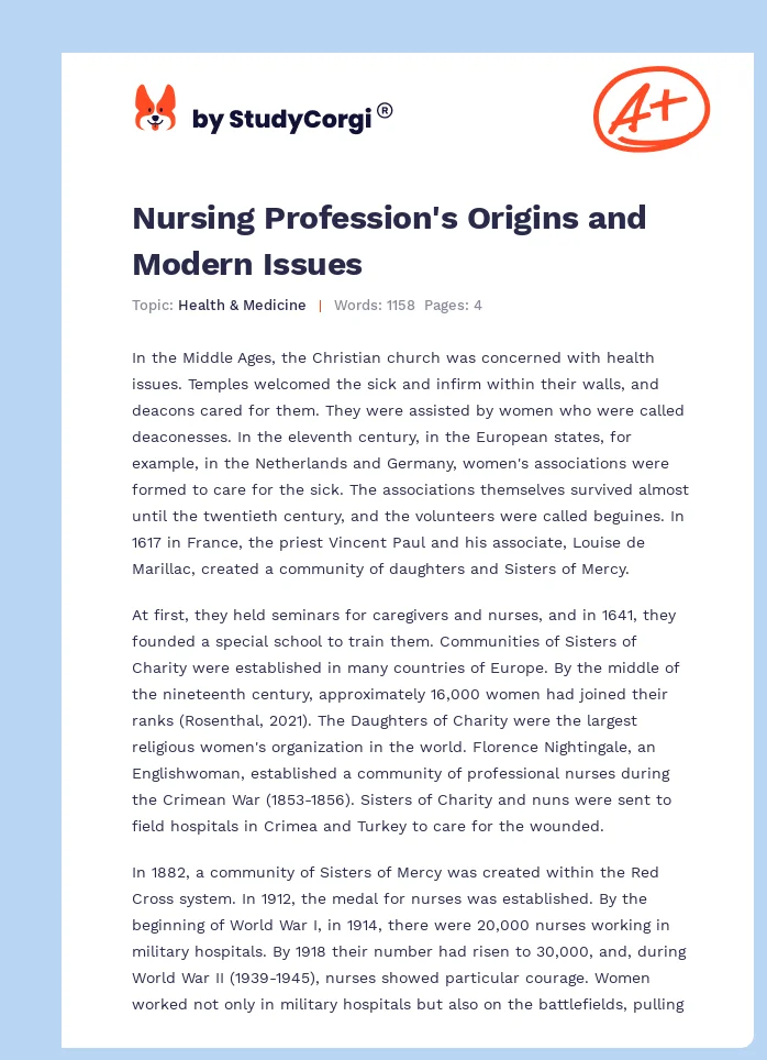Nursing Profession's Origins and Modern Issues. Page 1