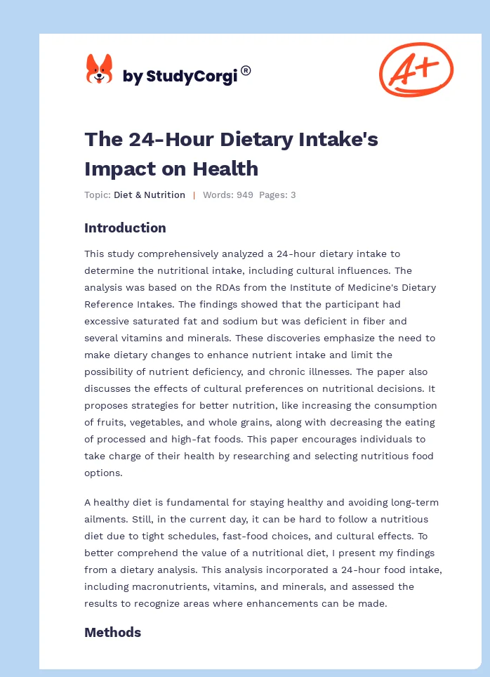 The 24-Hour Dietary Intake's Impact on Health. Page 1