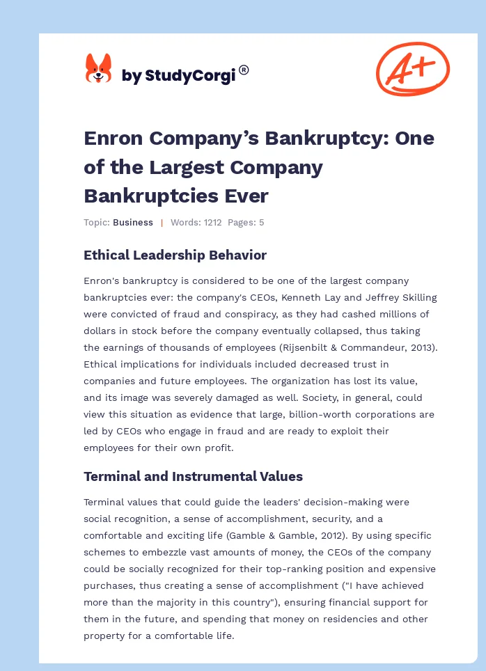 Enron Company’s Bankruptcy: One of the Largest Company Bankruptcies Ever. Page 1