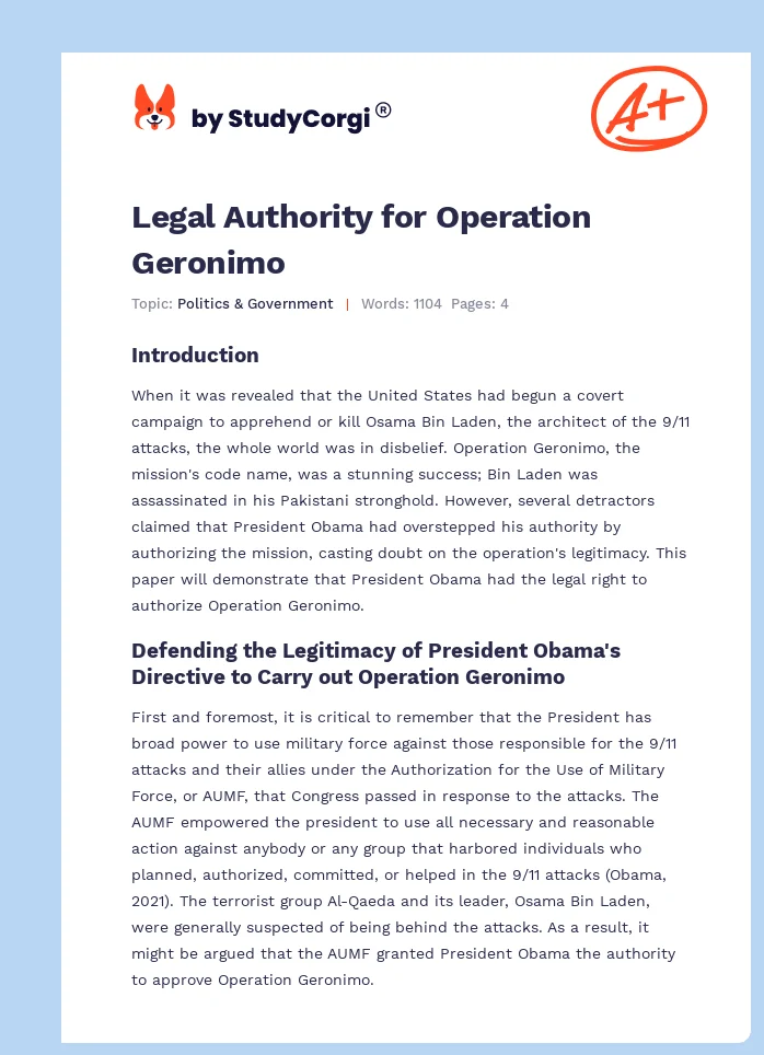Legal Authority for Operation Geronimo. Page 1