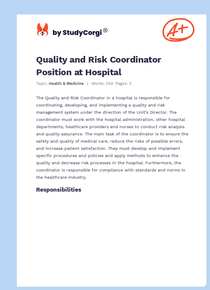 Quality and Risk Coordinator Position at Hospital. Page 1