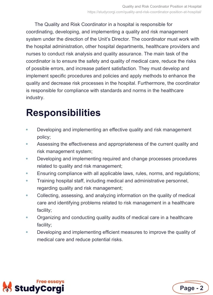 Quality and Risk Coordinator Position at Hospital. Page 2
