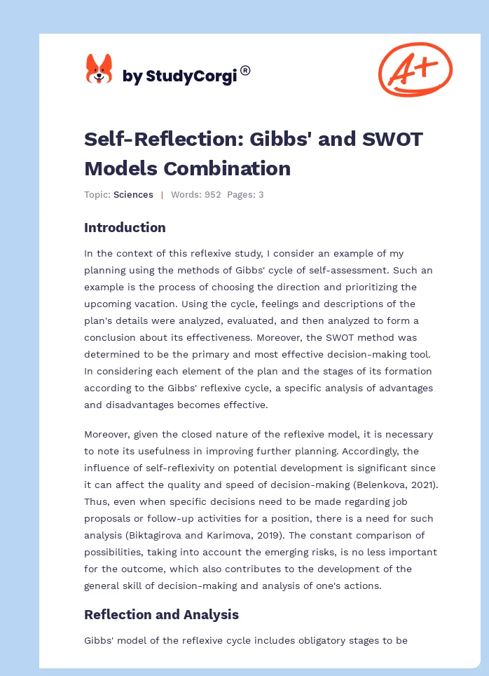 Self-Reflection: Gibbs' and SWOT Models Combination. Page 1