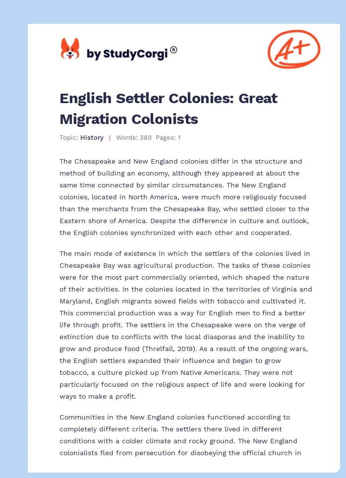 English Settler Colonies: Great Migration Colonists. Page 1