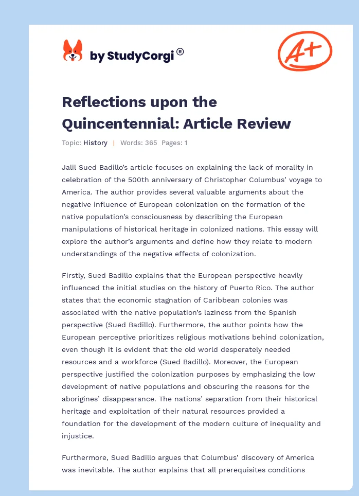 Reflections upon the Quincentennial: Article Review. Page 1