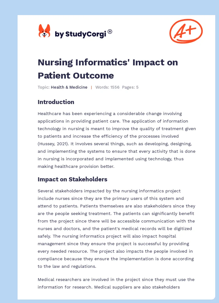 Nursing Informatics' Impact on Patient Outcome. Page 1