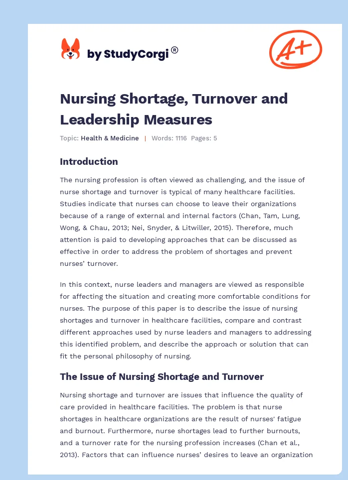 Nursing Shortage, Turnover and Leadership Measures. Page 1