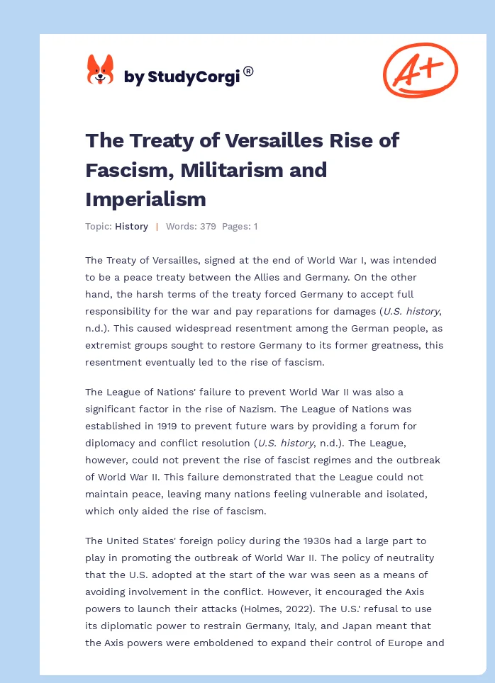 The Treaty of Versailles Rise of Fascism, Militarism and Imperialism. Page 1