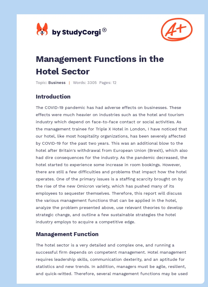 Management Functions in the Hotel Sector. Page 1