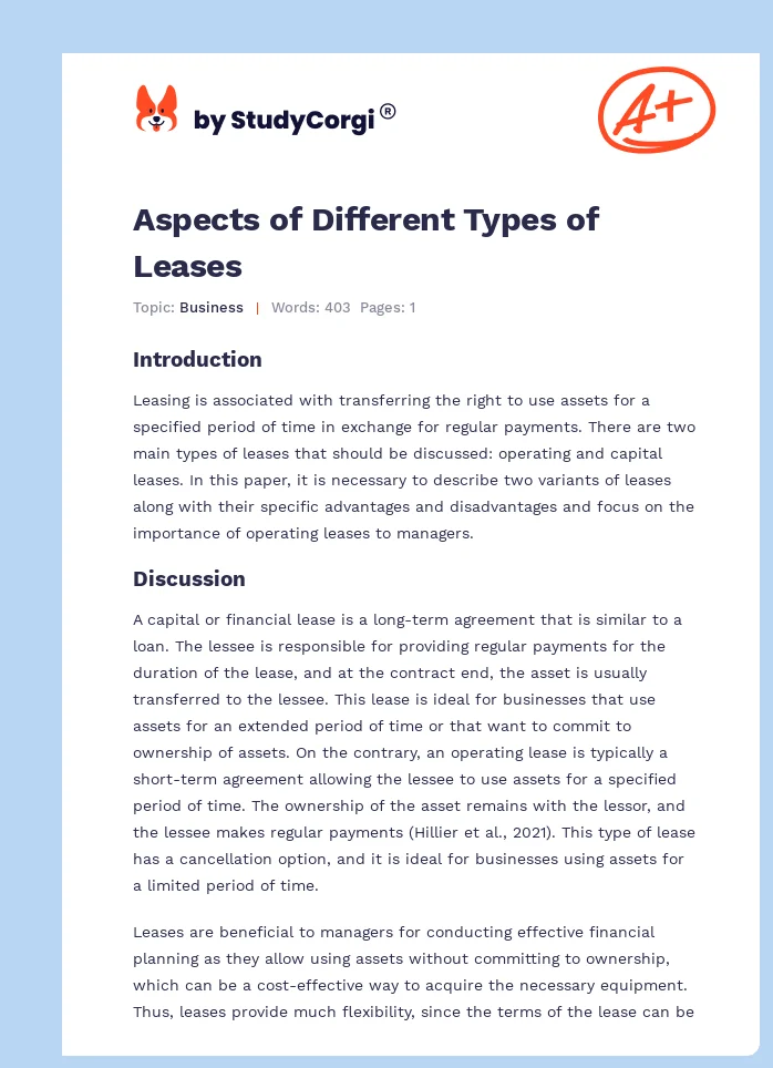 Aspects of Different Types of Leases. Page 1