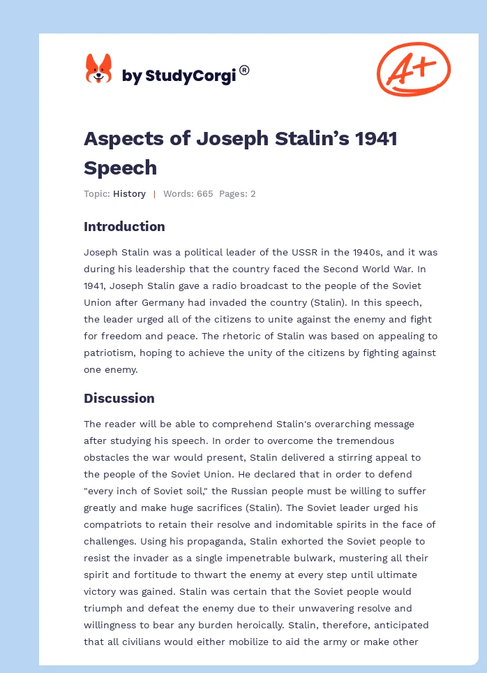Aspects of Joseph Stalin’s 1941 Speech. Page 1