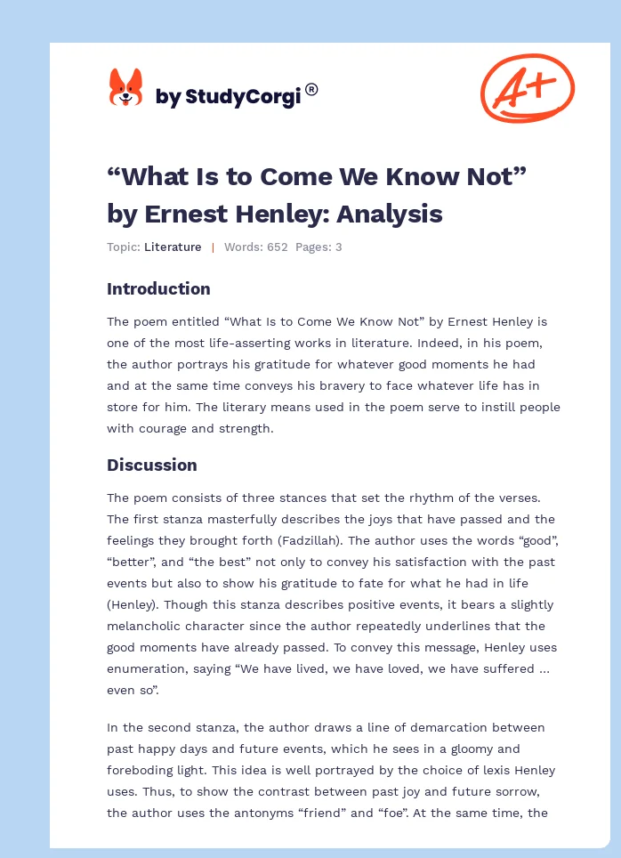 “What Is to Come We Know Not” by Ernest Henley: Analysis. Page 1