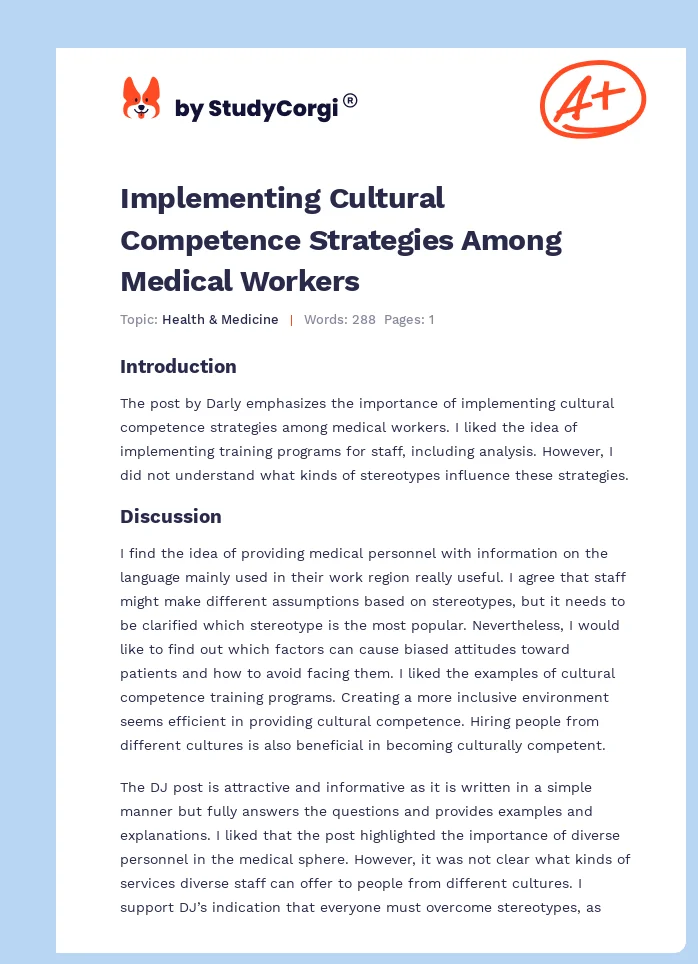 Implementing Cultural Competence Strategies Among Medical Workers. Page 1
