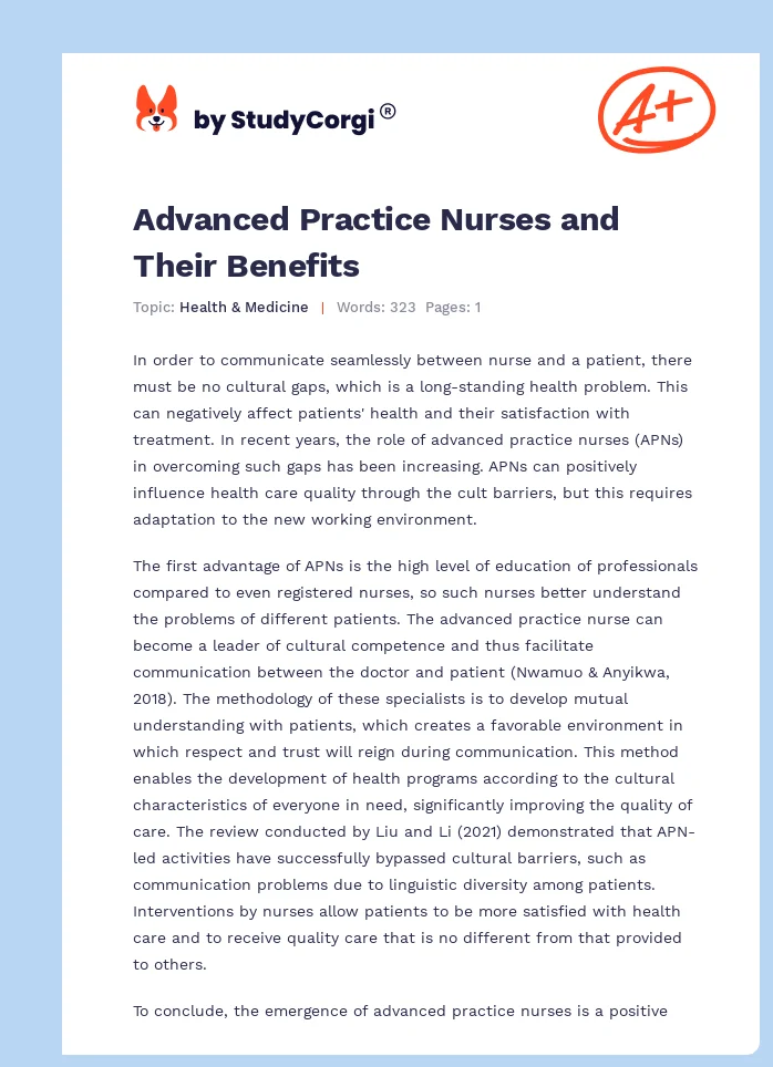 Advanced Practice Nurses and Their Benefits. Page 1