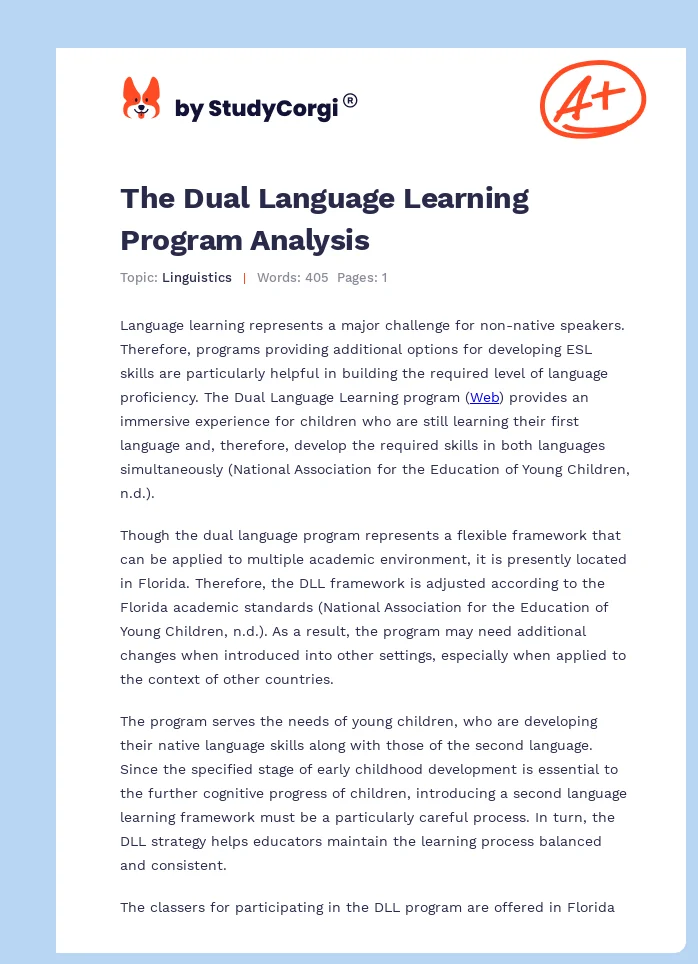 The Dual Language Learning Program Analysis. Page 1
