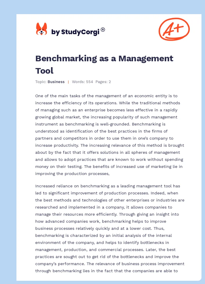 Benchmarking as a Management Tool. Page 1