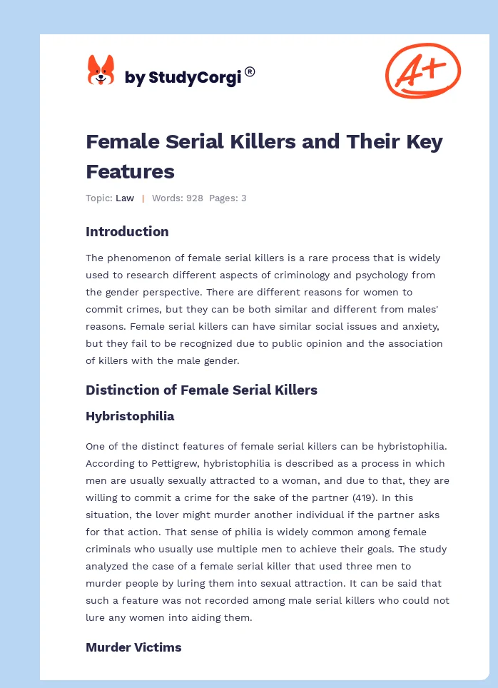 Female Serial Killers and Their Key Features. Page 1
