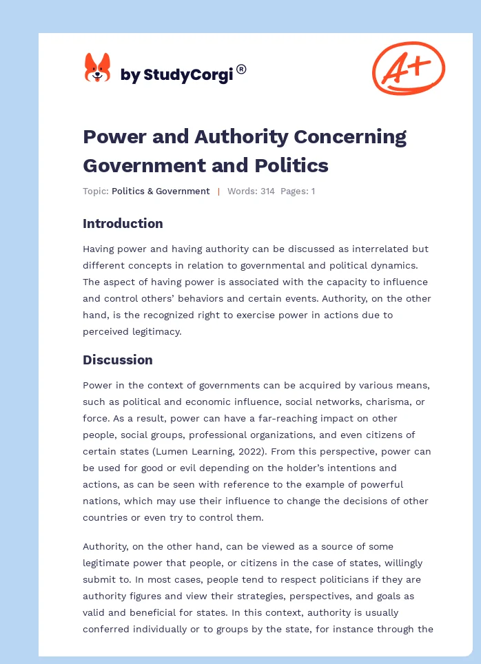 Power and Authority Concerning Government and Politics. Page 1