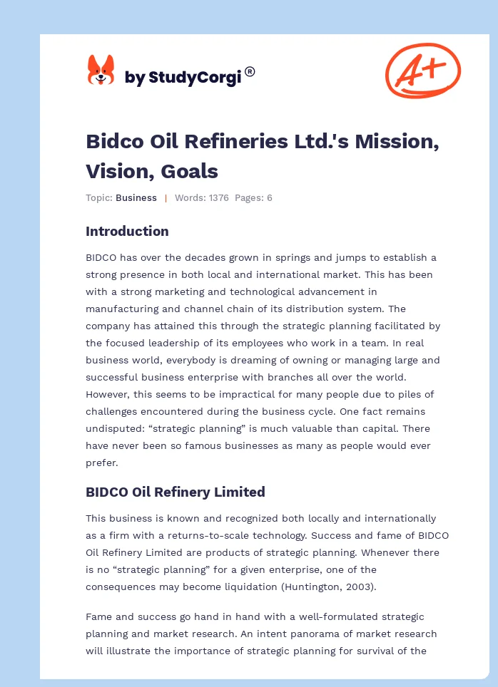 Bidco Oil Refineries Ltd.'s Mission, Vision, Goals. Page 1